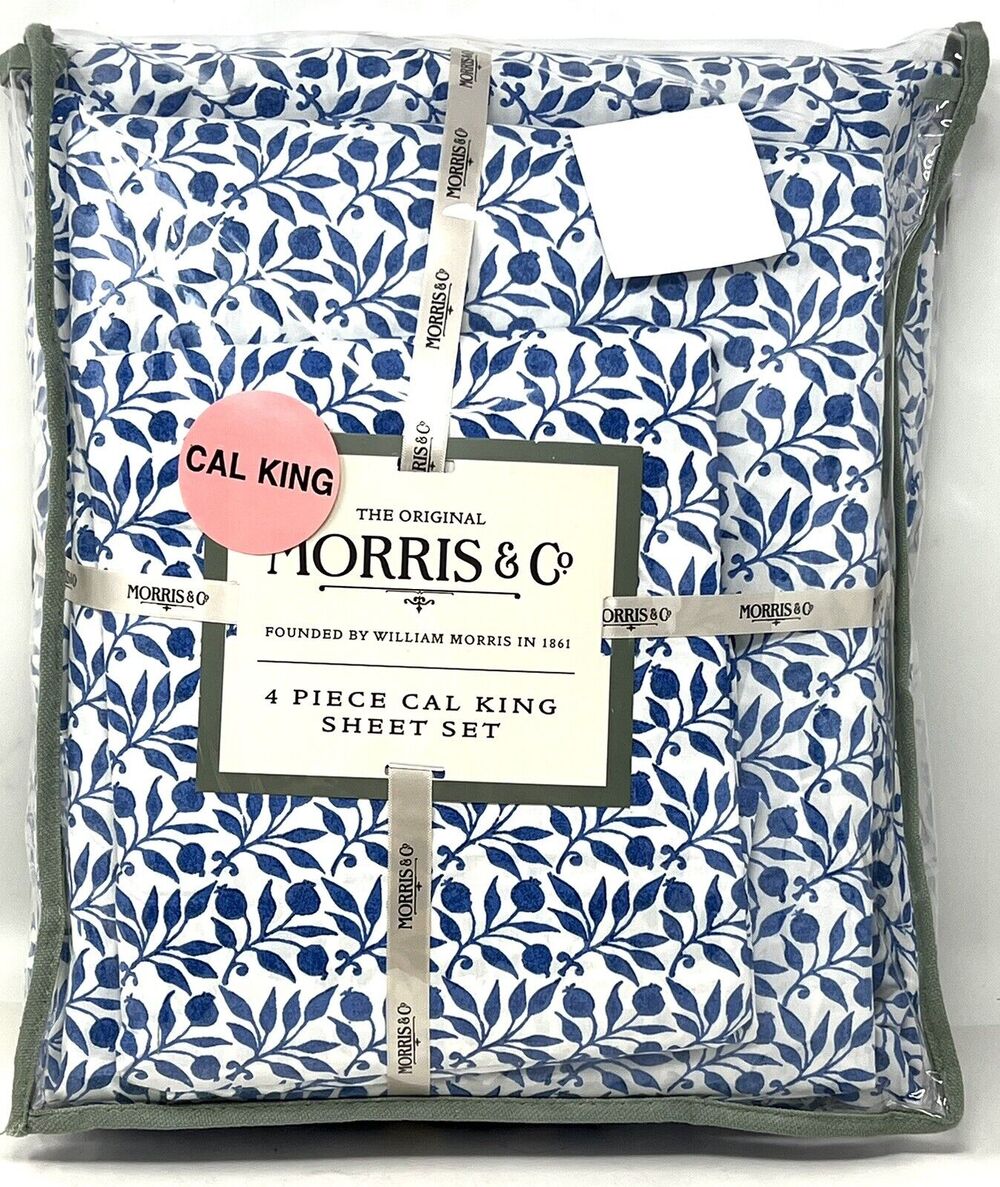 William MORRIS & CO. CALIFORNIA CAL KING Sheet Set Blue White Blueberries Cotton